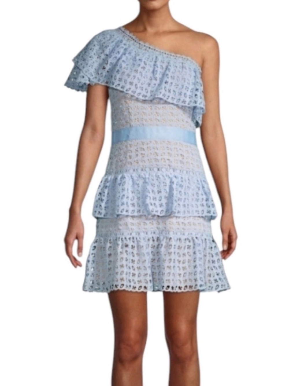 Allison New York Light Blue Eyelet Lace One Shoulder Tiered Ruffle Mini Dress S